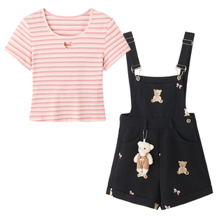 织物猪 贩卖小熊糖 甜酷风黑色刺绣牛仔背带裤女夏小个子减龄短裤