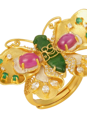 非遗花丝錾刻蝴蝶翡翠银鎏金戒指