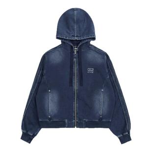 韩国badblood美式复古做旧水洗牛仔外套字母刺绣连帽拉链卫衣套装