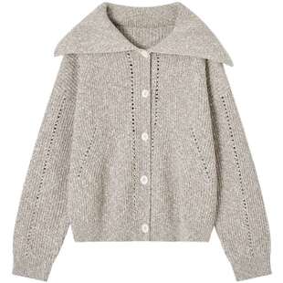 德玛纳大翻领提花针织衫女26春季新款宽松软糯设计感通勤线衫上衣