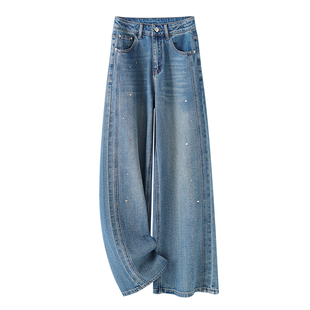 蓝色烫钻弹力牛仔裤女2026年春夏新款高腰宽松显瘦直筒阔腿九分裤
