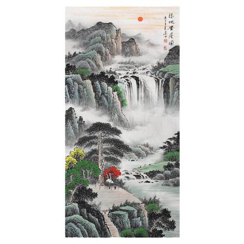 福地安居图纯手绘国画客厅办公室招财靠山四尺山水画挂画玄关竖版
