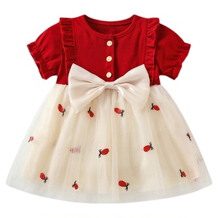 婴儿衣服夏季周岁女宝礼服一岁女童连衣裙红色满月百天抓周公主裙