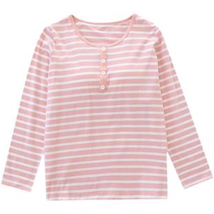 带胸垫上衣女秋衣纯棉免文胸罩杯秋冬睡衣条纹长袖t恤打底衫家居