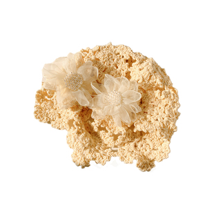 韩系立体花朵镂空针织帽子女2025年春新款显脸小大头围薄款包头帽