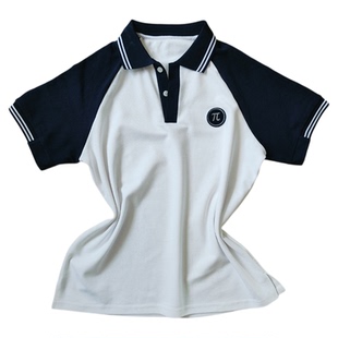 白色校服短袖藏蓝插肩袖藏蓝口2白条男女款班服POLO衫上衣T恤