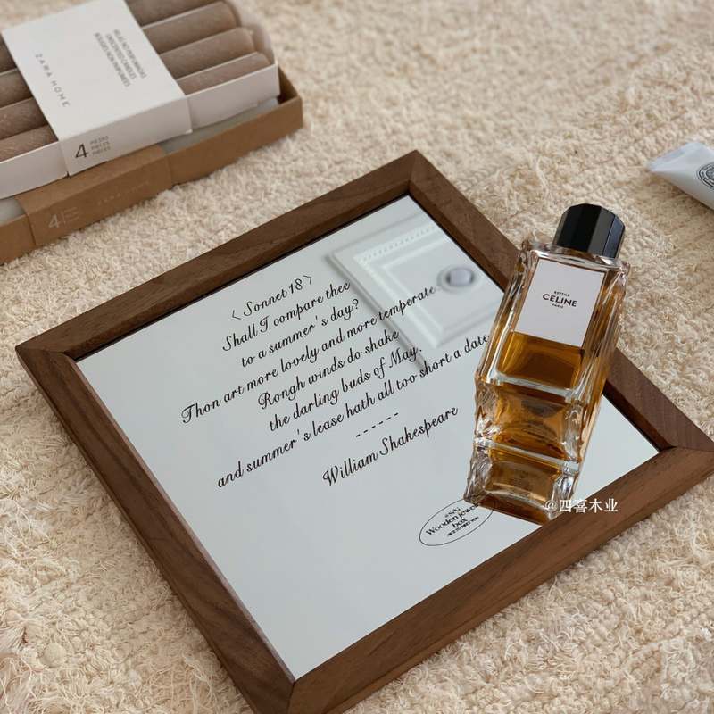 木质装饰英文镜子摆件质感质感道具复古桌面简约化妆镜拍照