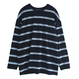 徐大脸吖定制 chic复古撞色宽松早春薄慵懒美式条纹长袖T上衣