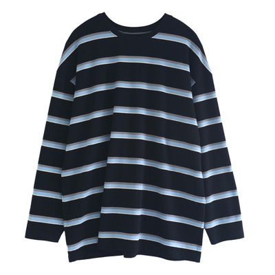 徐大脸吖定制 chic复古撞色宽松早春薄慵懒美式条纹长袖T上衣