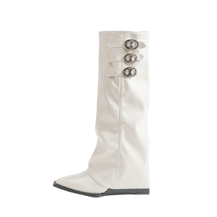 真皮~骄屿法式尖头坡跟骑士靴辣妹皮带扣裤管靴高筒不过膝长筒靴