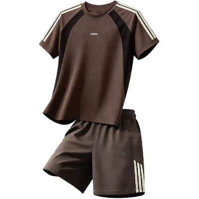 adidas夏季跑步健身短袖两件套