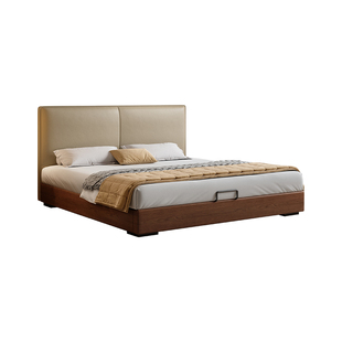 薄床头小户型真皮床中古风白蜡木储物实木床主卧1米8豆腐块双人床