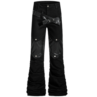 OV原创美式亚比风朋克拼皮设计微喇叭休闲裤女褶皱轻亚堆堆长裤潮