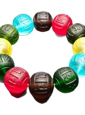 新正品天然捷克陨石多宝彩色玻璃陨石雕刻六字真言手串大颗粒20mm