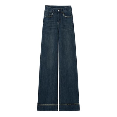 复古牛仔阔腿裤女2025年春秋冬季新款高腰加绒加厚窄版直筒大脚裤