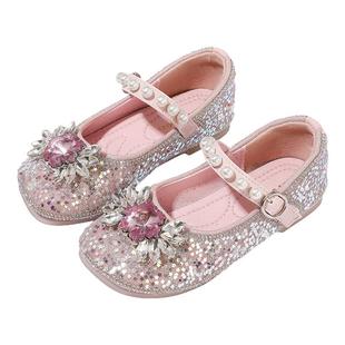 ABCdoukids女童艾莎公主鞋2025秋季新款儿童珍珠水晶鞋软底水钻鞋
