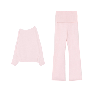 粉瓷少女 一字领斜肩多穿针织衫秋冬慵懒翻腰长裤套装毛毛围脖