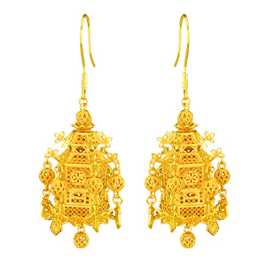 999纯银镀金仿故宫耳环宫灯汉服古风中式凉亭手工足银耳坠送礼物