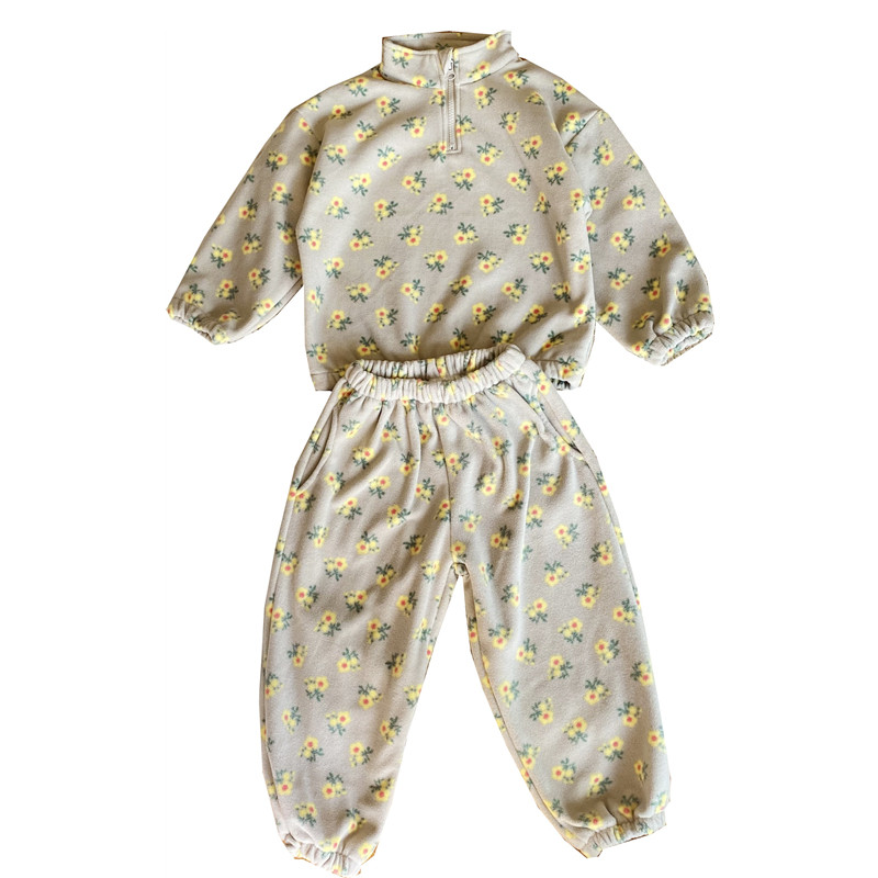 女童摇粒绒套装外套韩版幼儿园套装花朵拉链休闲上衣裤子家居服