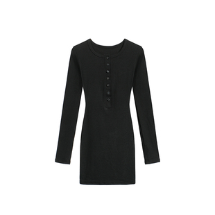 秋冬季实拍设计感排扣长袖纯色修身女打底简约短款包臀连衣裙女装