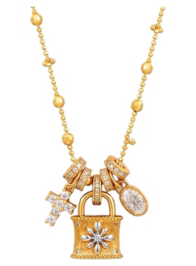 Nicole Jewelry 复古多吊饰锁头项链女浮雕小花十字架圆珠锁骨链