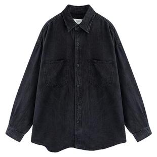 流石男装透气莱赛尔黑色牛仔衬衫2026年春季新款男士高端长袖衬衣