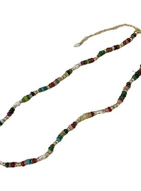 多巴胺混彩色天然石淡水珍珠串珠项链女轻奢锁骨链小众设计脖颈链