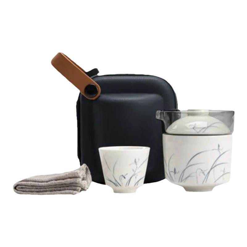 便携式旅行茶具套装白瓷手绘一壶两杯户外功夫泡茶快客杯收纳包