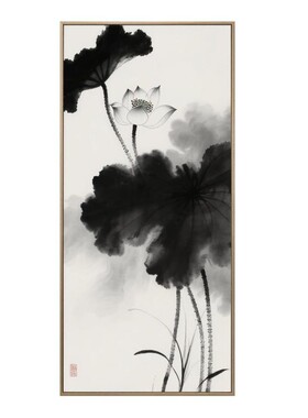 新中式入户玄关画荷花走廊过道水墨国画茶室茶台装禅意竖版装饰画