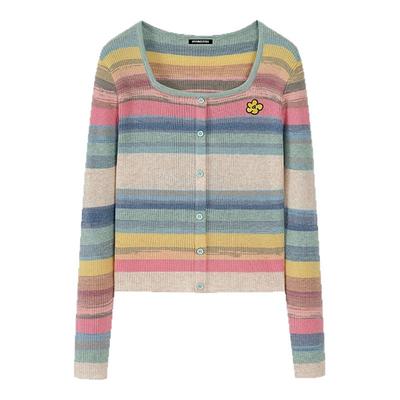 i.tGROUND ZERO彩色条纹短款针织衫女夏季2025新款撞色长袖上衣