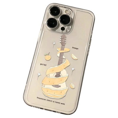 Orange Guitar Cartoon Clear Shockproof Space Case 适用 iPhone 17 16 Pro Max 15 14 11 Precise Cutout