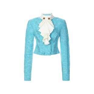 lefame拉飞姆秋季湖蓝绞花烫钻荷叶领针织上衣