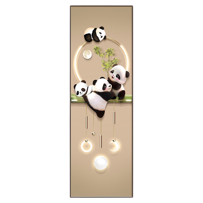 大熊猫国潮风玄关暗藏式全身镜子画推拉隐形穿衣镜装饰画通道挂画