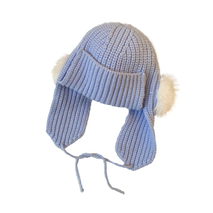 蓝色毛球护耳针织飞行帽女冬加厚保暖防寒显脸小骑行毛线雷锋帽子