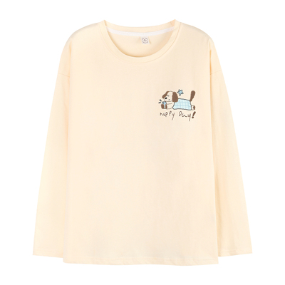 带胸垫纯棉长袖单件上衣睡衣女秋季可爱卡通大码宽松套头家居服