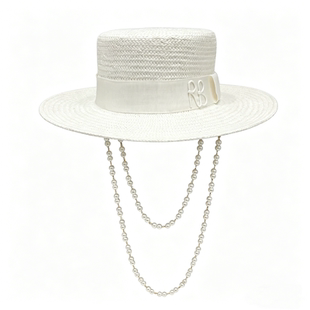 夏字母白平顶草帽双珍珠链条宽檐Double Chain Strap Boater Hat