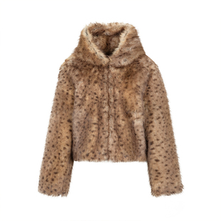 Cozydoll猞猁毛棕巧色慵懒休闲通勤街头连帽保暖环保皮草短外套女