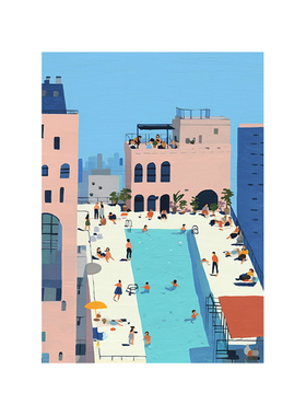 北欧建筑蓝色游泳池海报插画夏天氛围感装饰画民宿客厅艺术挂画芯