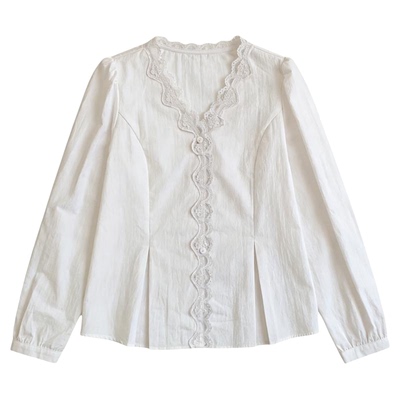 韩系温柔风v领蕾丝长袖衬衫女