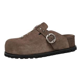 BeauToday厚底勃肯鞋2025秋季新款BT真皮包头拖鞋外穿增高穆勒鞋