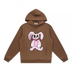 EMPTY REFERENCE棕色手绘格纹兔子印花宽松休闲重磅长袖连帽卫衣