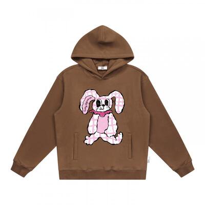 EMPTY REFERENCE棕色手绘格纹兔子印花宽松休闲重磅长袖连帽卫衣