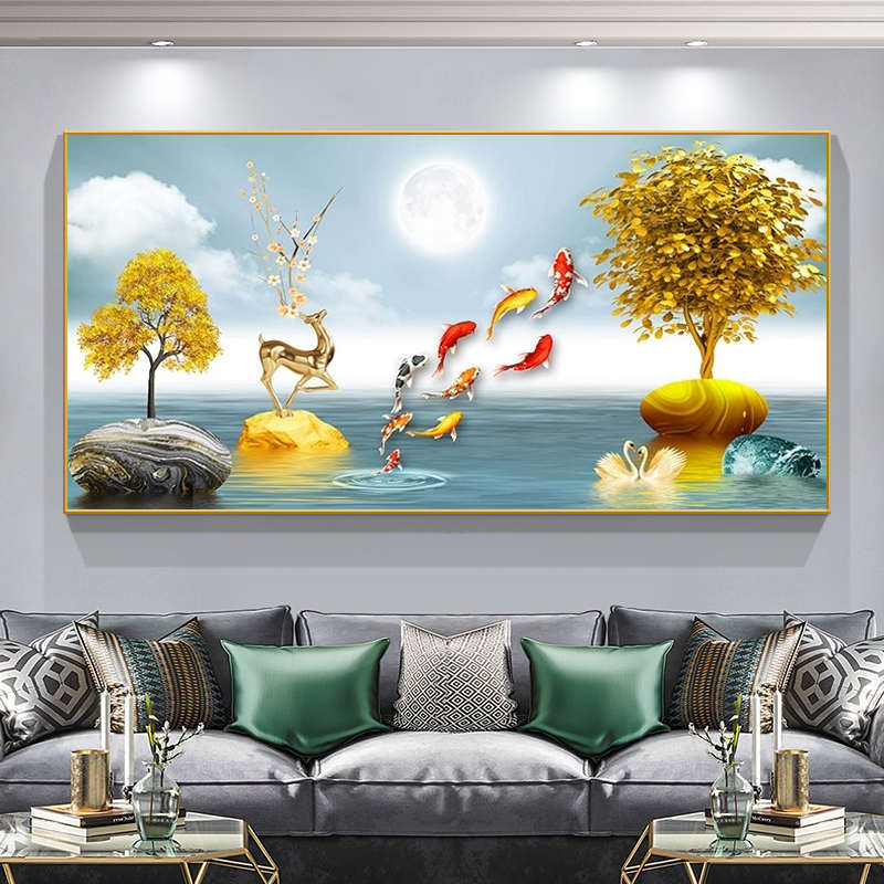 5D满钻客厅招财餐厅发财麋鹿2025新款九鱼图钻石画现代贴钻十字绣