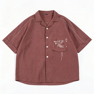 CityBoy 草木刺绣古巴领衬衫男亚麻混纺撞色翻领明线宽松情侣短袖