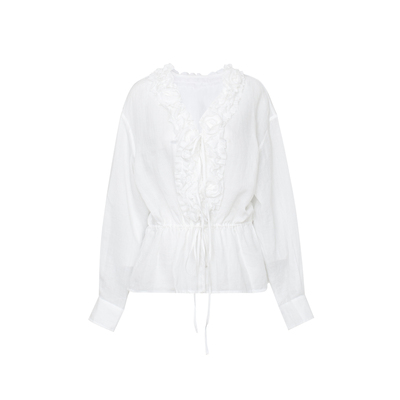 TOP家 浪漫都市 法式复古前胸立体花朵系绳纽扣松弛感苎麻衬衫