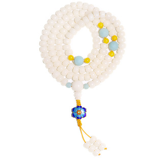 白玉菩提子手串女手链菩提根文玩配饰佛珠108颗项链长款蓝花吊坠