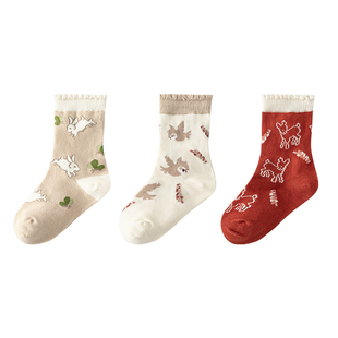 嫚熙婴儿袜子春秋薄款新生儿松口无骨袜女宝宝林间物语卡通中筒袜