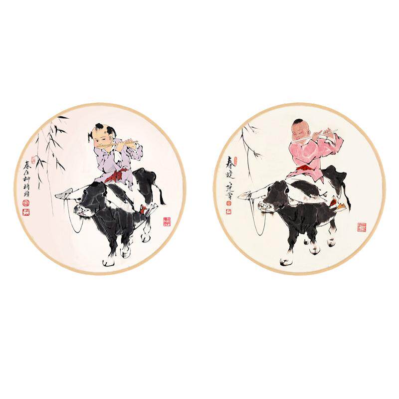 国画牧童骑牛事事如意挂画中式客厅玄关壁画卧室装饰画圆形实木框