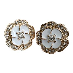 中式复古圆形金属耳饰白色滴油玫瑰花形耳环小香风耳钉B053