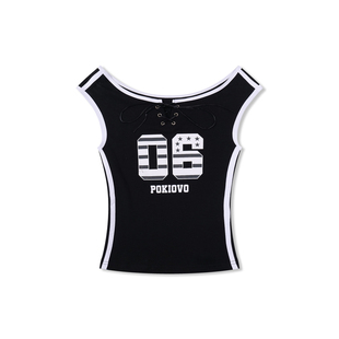 辣到中暑美式辣妹复古运动风条纹数字印花露肩上衣系带短款背心